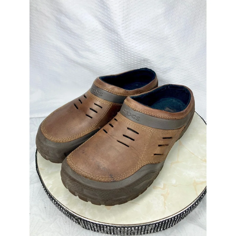 Crocs Leather Yukon Sport Clog Men 13 Brown Comfort Rugged Slip On Outdoor Mules
